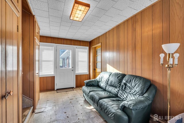 living room with wood walls