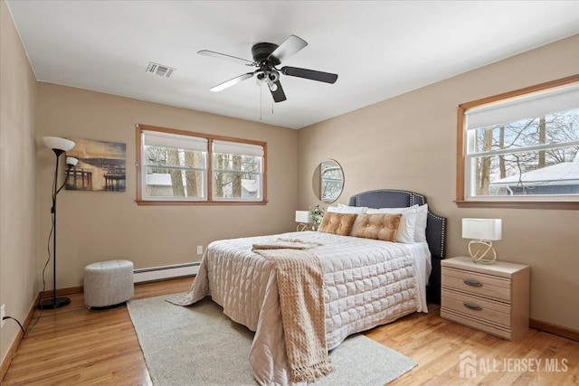 bedroom featuring ceiling fan, visible vents, light wood-style floors, baseboards, and a baseboard heating unit