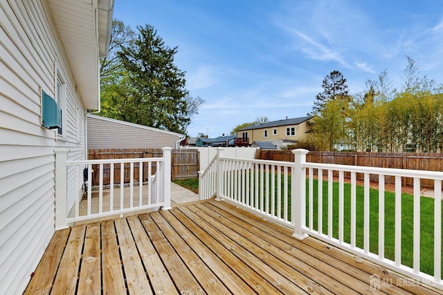 deck with a lawn and a fenced backyard
