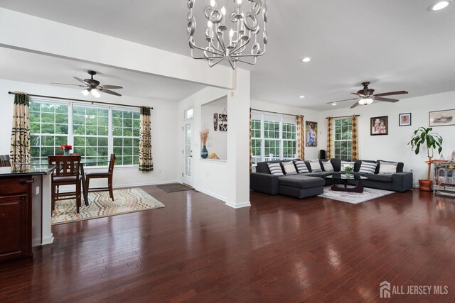 1 Elmcrest Ct E, Monroe, NJ 08831 - living room featuring a ceiling fan, recessed lighting, dark wood finished floors, and a chandelier