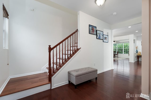 1 Elmcrest Ct E, Monroe, NJ 08831 - stairs with wood finished floors, recessed lighting, and ceiling fan