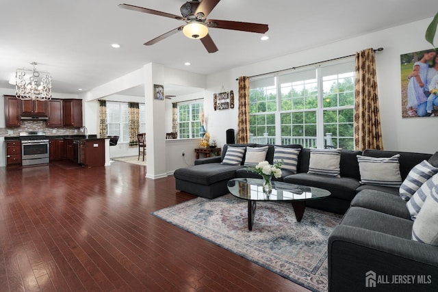 1 Elmcrest Ct E, Monroe, NJ 08831 - living area featuring dark wood finished floors, ceiling fan, a chandelier, and recessed lighting