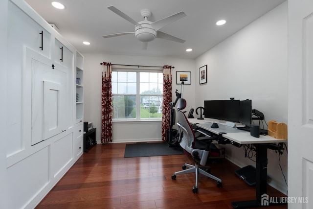 1 Elmcrest Ct E, Monroe, NJ 08831 - office area featuring a ceiling fan, dark wood-style flooring, and recessed lighting