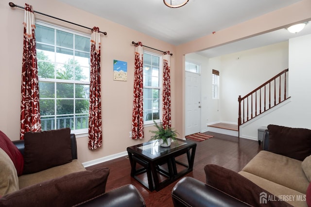 1 Elmcrest Ct E, Monroe, NJ 08831 - living area with plenty of natural light, stairs, and wood finished floors