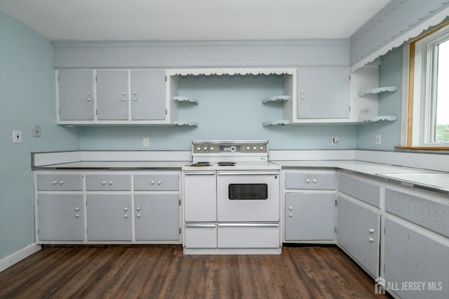 4 Ashwood Pl, North Brunswick, NJ 08902 - kitchen featuring open shelves, white electric range oven, dark wood finished floors, light countertops, and a sink