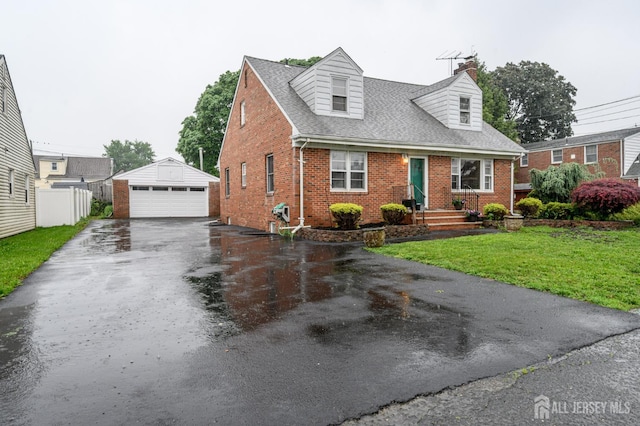 4 Ashwood Pl, North Brunswick, NJ 08902 - cape cod house featuring brick siding, a detached garage, an outdoor structure, roof with shingles, and a chimney