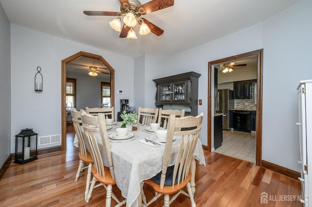 47 Lincoln Ave, Jamesburg, NJ 08831 - dining space featuring visible vents, ceiling fan, light wood-type flooring, and baseboards