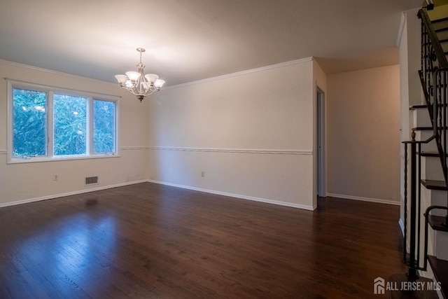 33 Timber Rd, Edison, NJ 08820 - unfurnished room featuring a chandelier, wood finished floors, ornamental molding, and stairs