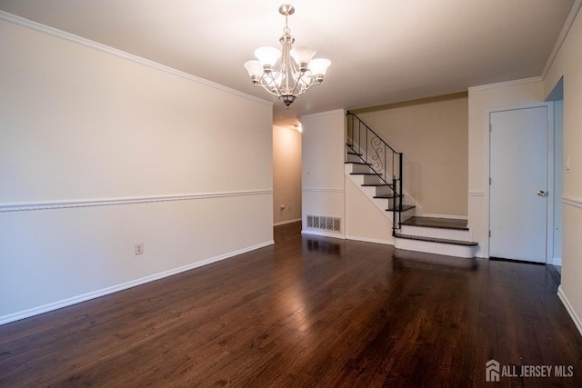 33 Timber Rd, Edison, NJ 08820 - unfurnished living room with a chandelier, stairs, wood finished floors, and ornamental molding