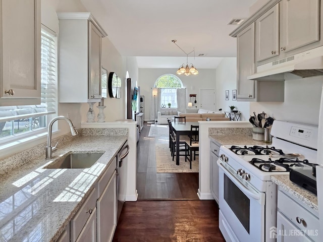 9 William Martin Way, Flemington, NJ 08822 - kitchen with white range with gas stovetop, a sink, under cabinet range hood, dark wood-type flooring, and open floor plan
