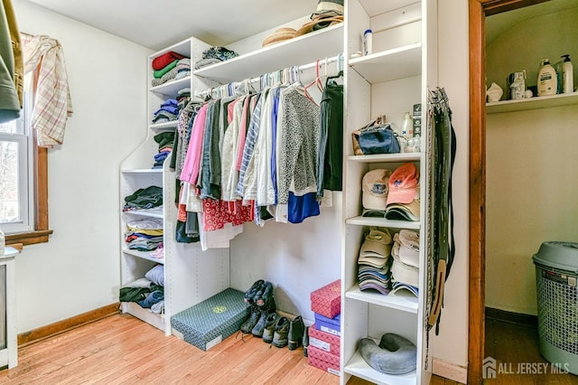 walk in closet with wood finished floors