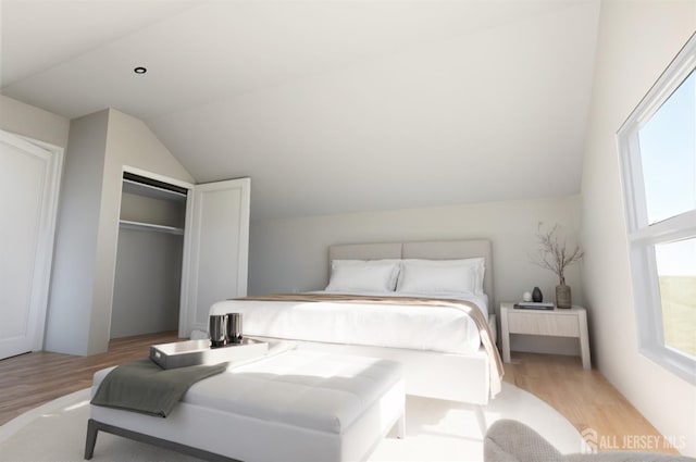 bedroom with lofted ceiling, light wood-style flooring, and a closet