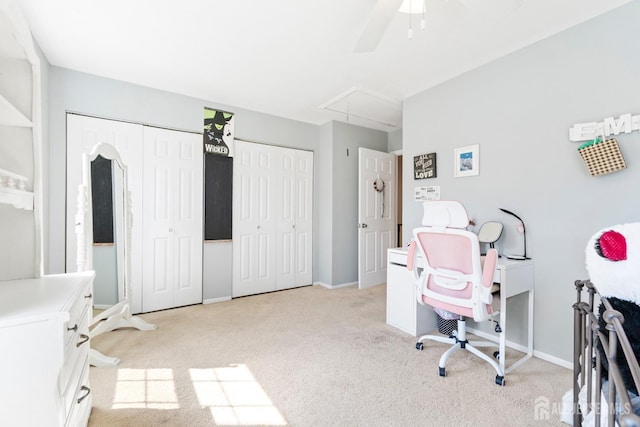 135 Archery Ct, Old Bridge, NJ 08857 - office with baseboards, a ceiling fan, attic access, and light colored carpet