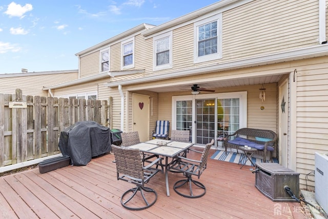 135 Archery Ct, Old Bridge, NJ 08857 - deck featuring outdoor dining area, ceiling fan, fence, and area for grilling