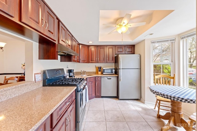 135 Archery Ct, Old Bridge, NJ 08857 - kitchen with appliances with stainless steel finishes, a sink, a ceiling fan, light tile patterned floors, and under cabinet range hood
