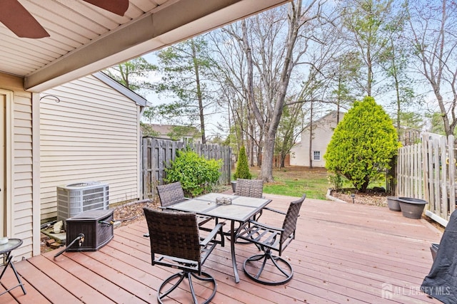 135 Archery Ct, Old Bridge, NJ 08857 - wooden terrace with central air condition unit, a ceiling fan, outdoor dining area, and a fenced backyard