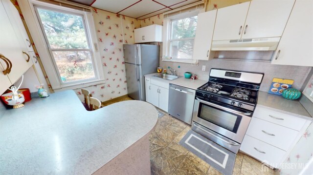 kitchen with sink, plenty of natural light, white cabinets, and appliances with stainless steel finishes