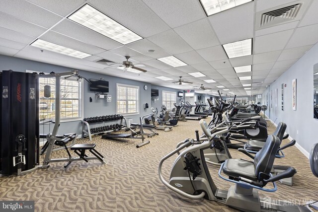 workout area featuring a paneled ceiling, carpet flooring, visible vents, and baseboards