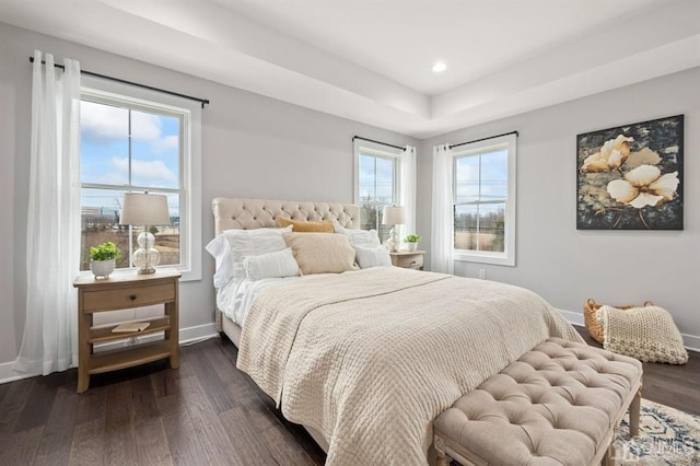 bedroom featuring recessed lighting, baseboards, and dark wood-style flooring