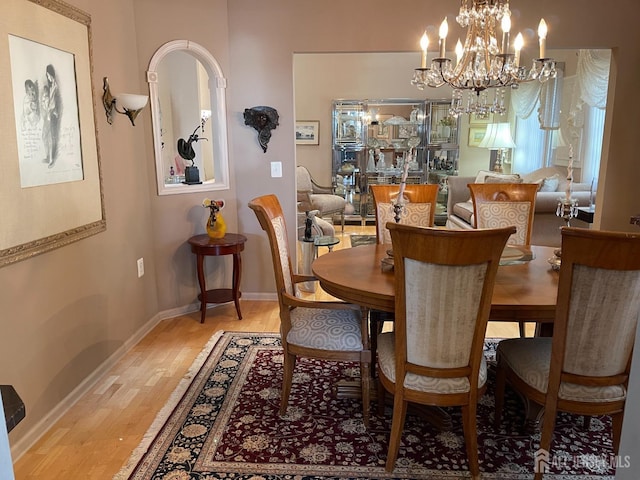 dining room with wood-type flooring and a notable chandelier