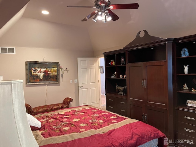 bedroom with vaulted ceiling and ceiling fan