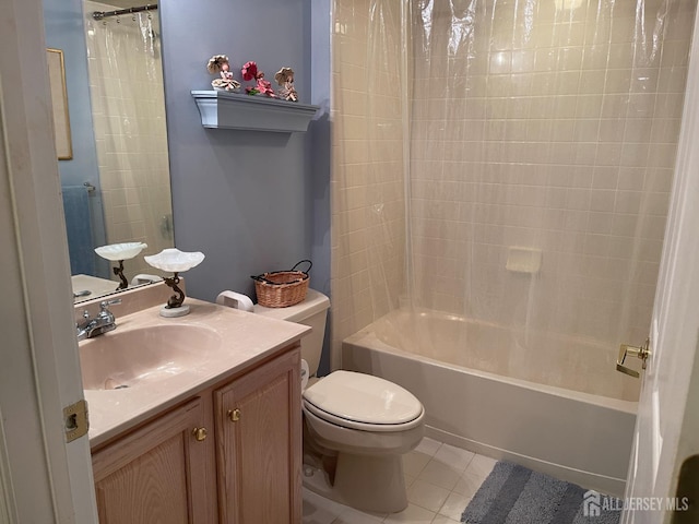 full bathroom featuring tile patterned flooring, vanity, shower / bath combination with curtain, and toilet