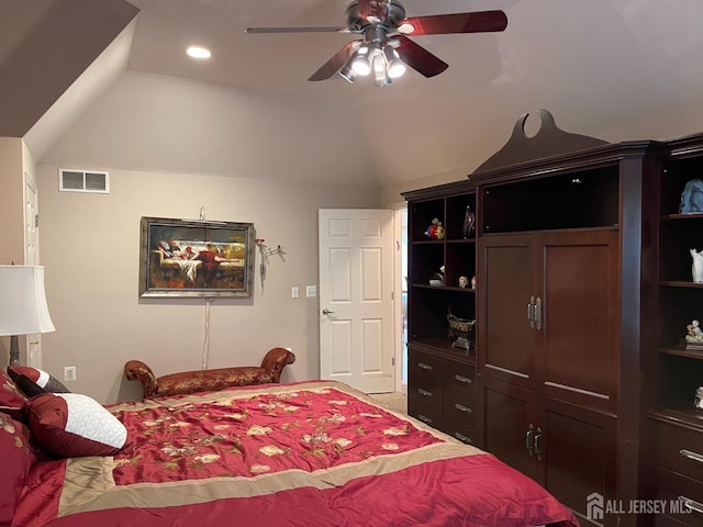 bedroom featuring lofted ceiling and ceiling fan