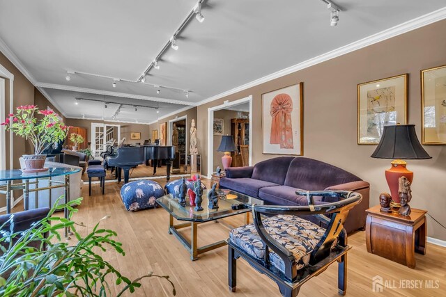 living room featuring hardwood / wood-style floors, ornamental molding, and track lighting