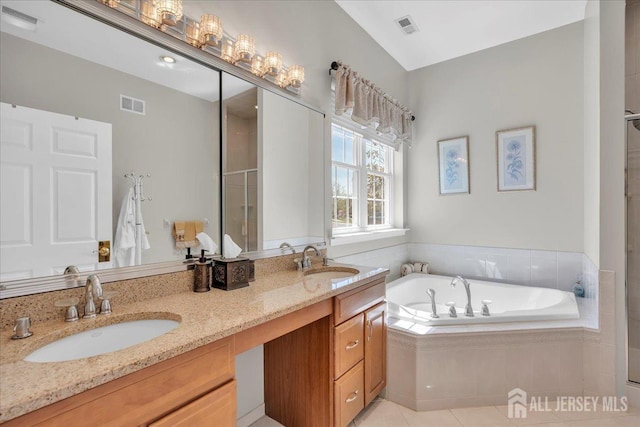 1 Ballybunion Dr, Monroe, NJ 08831 - full bath featuring a garden tub, double vanity, a shower stall, and tile patterned floors
