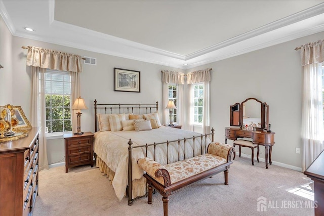 1 Ballybunion Dr, Monroe, NJ 08831 - bedroom with ornamental molding, a raised ceiling, light colored carpet, baseboards, and recessed lighting