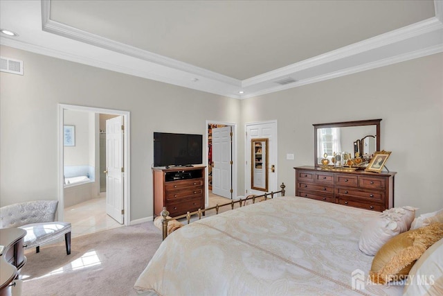 1 Ballybunion Dr, Monroe, NJ 08831 - bedroom featuring a raised ceiling, ornamental molding, light colored carpet, ensuite bath, and recessed lighting