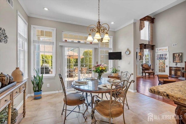 1 Ballybunion Dr, Monroe, NJ 08831 - dining area featuring healthy amount of natural light, baseboards, ornamental molding, a chandelier, and recessed lighting