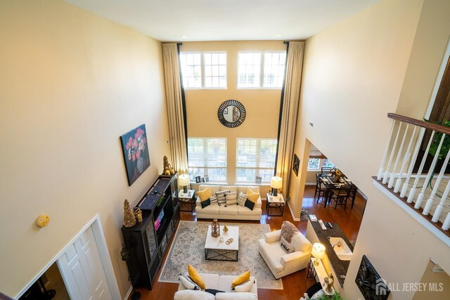 living room with wood-type flooring and a towering ceiling