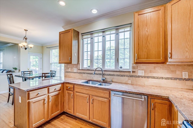 37 Muirfield Blvd, Monroe, NJ 08831 - kitchen featuring stainless steel dishwasher, ornamental molding, a peninsula, light wood-type flooring, and tasteful backsplash