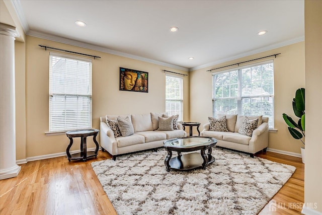 37 Muirfield Blvd, Monroe, NJ 08831 - living room featuring ornate columns, ornamental molding, wood finished floors, and recessed lighting
