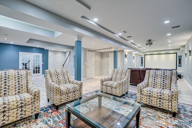 37 Muirfield Blvd, Monroe, NJ 08831 - living room featuring decorative columns, light wood-type flooring, recessed lighting, and french doors