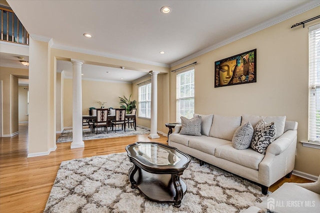 37 Muirfield Blvd, Monroe, NJ 08831 - living room with ornate columns, light wood-type flooring, ornamental molding, and recessed lighting
