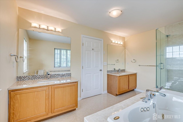 37 Muirfield Blvd, Monroe, NJ 08831 - bathroom featuring a jetted tub, healthy amount of natural light, two vanities, and a stall shower