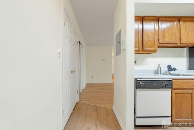 hallway featuring electric panel, light hardwood / wood-style flooring, and sink