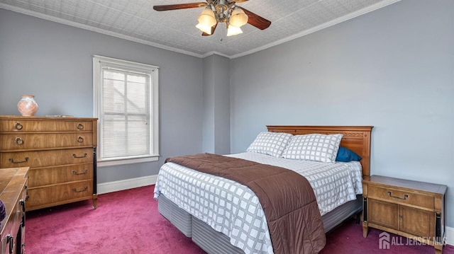 bedroom featuring ceiling fan, crown molding, and dark carpet