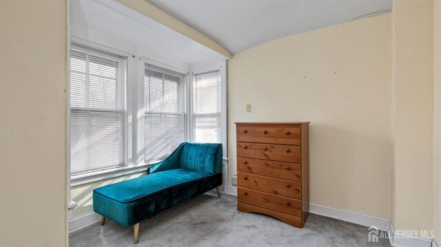 sitting room with light carpet and lofted ceiling