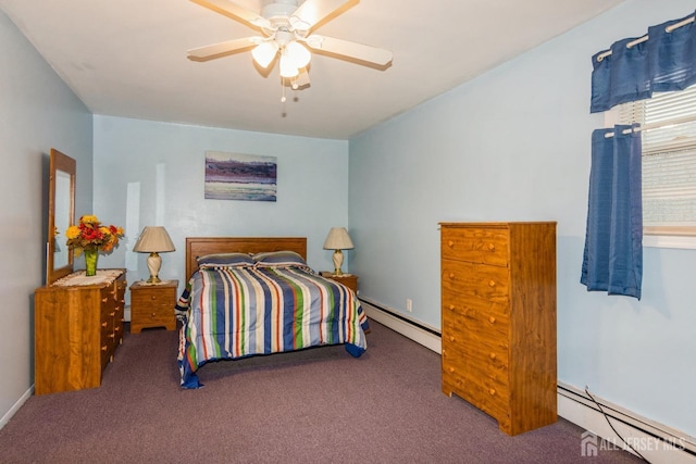 bedroom with carpet, a baseboard radiator, and ceiling fan