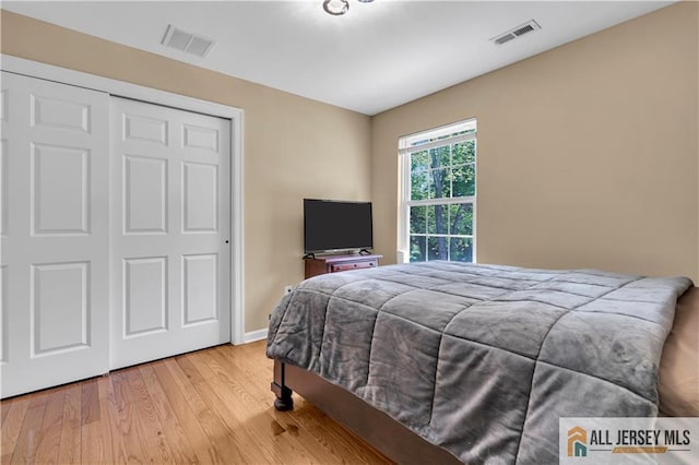 bedroom with wood finished floors, baseboards, and a closet