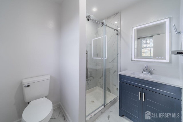 full bathroom featuring marble finish floors, a marble finish shower, toilet, and baseboards