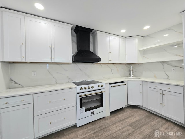 kitchen featuring electric range, open shelves, dishwasher, a sink, and wall chimney exhaust hood