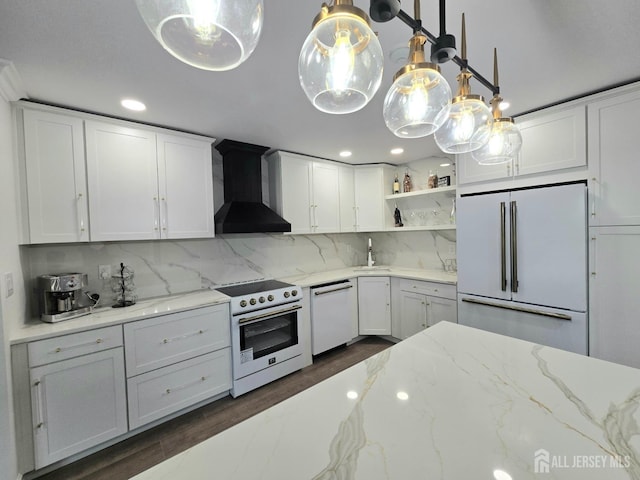 kitchen featuring open shelves, white appliances, wall chimney range hood, white cabinetry, and tasteful backsplash