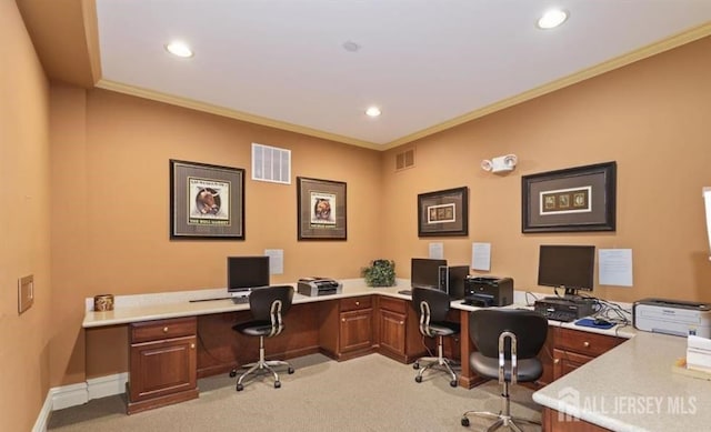 office area featuring visible vents, recessed lighting, built in study area, and light carpet