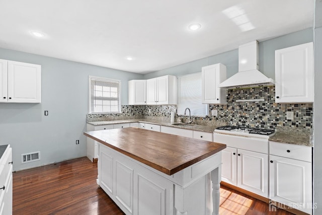 kitchen with a center island, white gas cooktop, premium range hood, sink, and dark hardwood / wood-style flooring