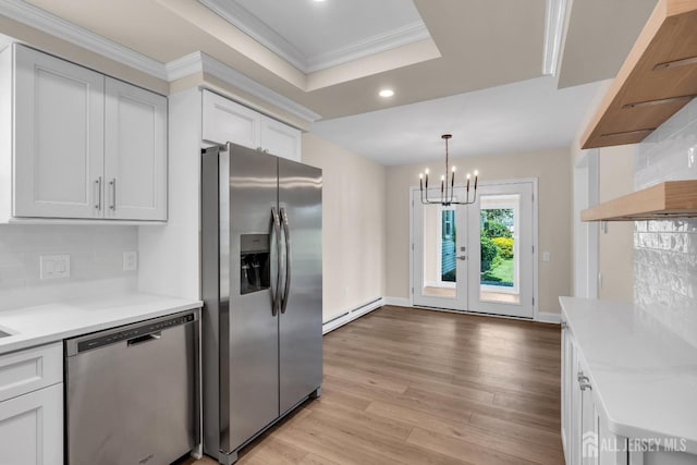377-B Old Nassau Rd, Monroe, NJ 08831 - kitchen featuring stainless steel appliances, baseboard heating, ornamental molding, recessed lighting, and decorative backsplash