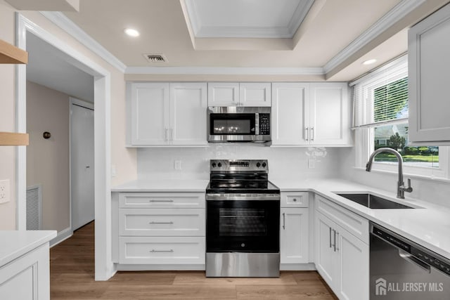 377-B Old Nassau Rd, Monroe, NJ 08831 - kitchen featuring appliances with stainless steel finishes, crown molding, a raised ceiling, white cabinets, and recessed lighting